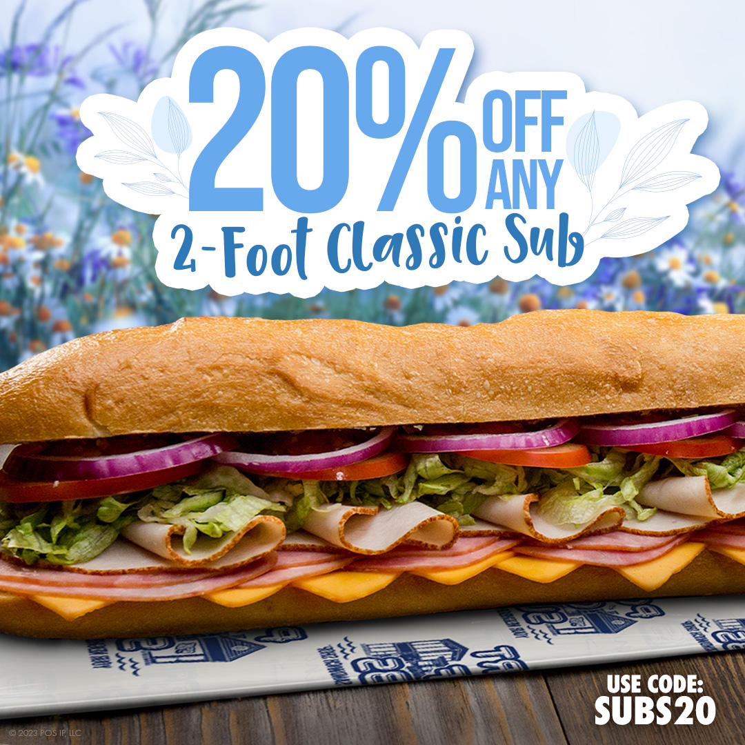 It's 2-Foot Tuesday! Get 20% off any 2-Foot Classic Sub online today with the code SUBS20 at checkout. Valid online only at participating locations.  573 UBS2 