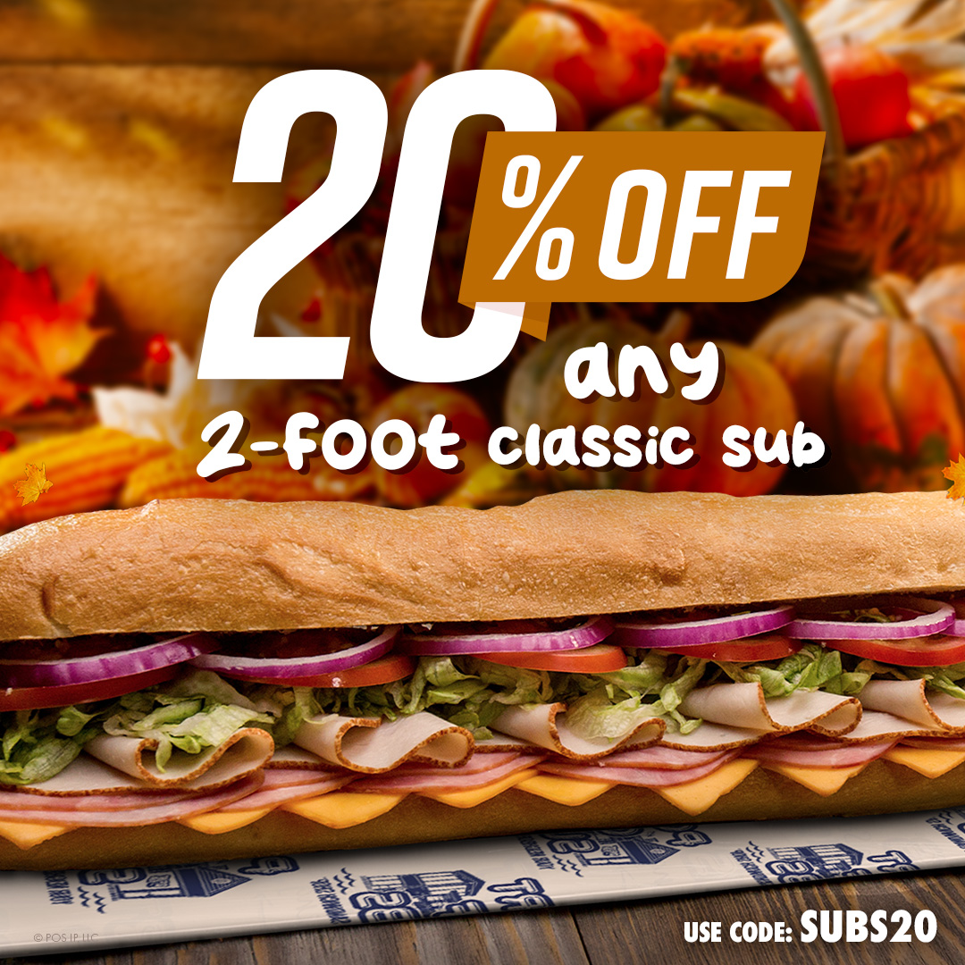 It's 2-Foot Tuesday! Get 20% off any 2-Foot Classic Sub online today with the code SUBS20 at checkout. Valid online only at participating locations.  4 i Giare . 2 Foot ccass.c 1 