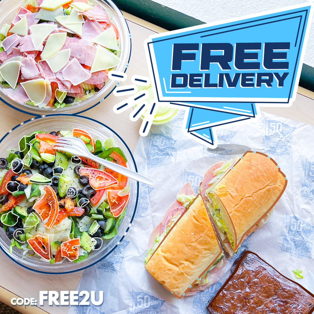 Free delivery on all orders over $30 today! Place your order through the Port of Subs website or mobile app and use the code FREE2U at checkout. Valid online only at participating locations. Delivery is subject to 3rd party driver availability.